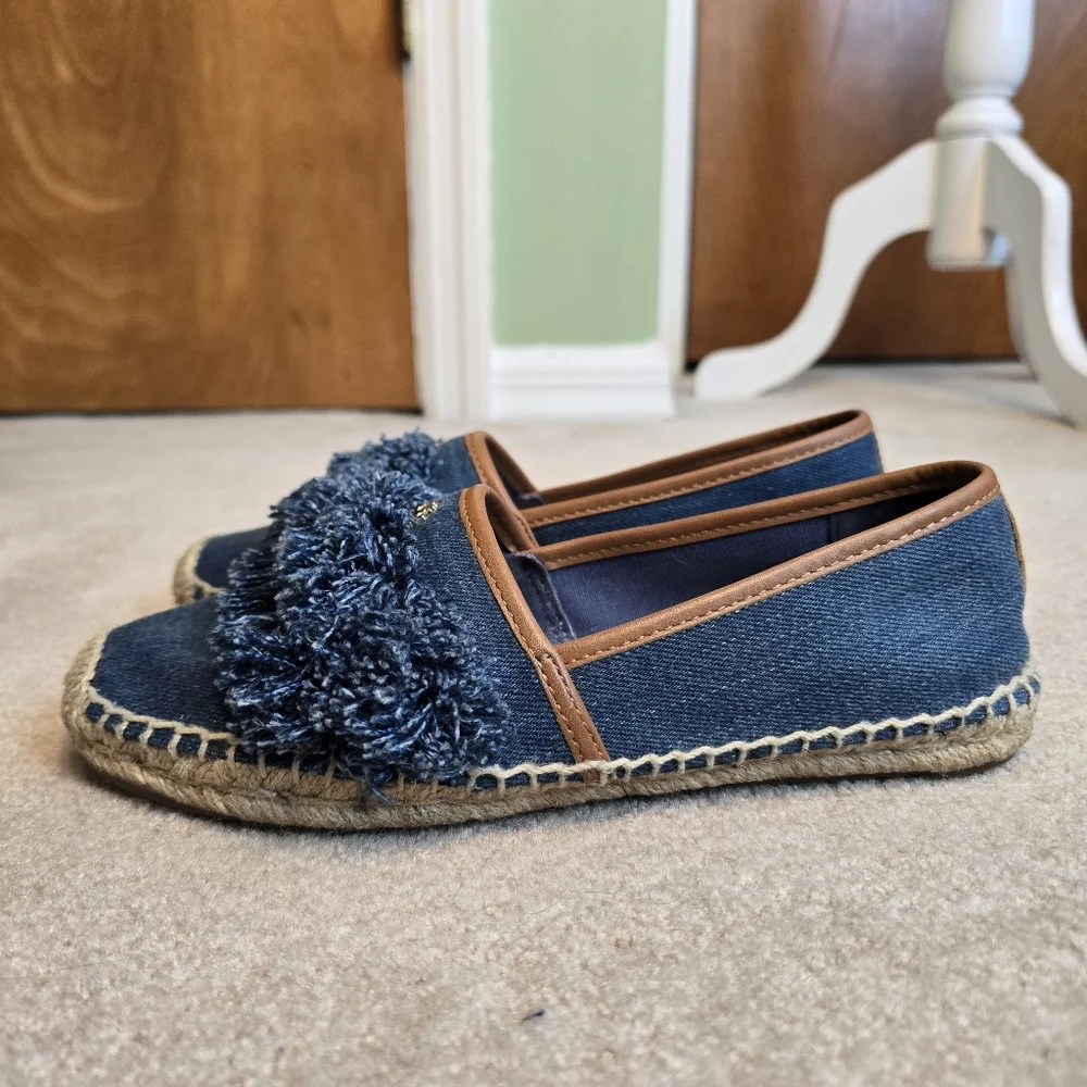 Tory Burch Navy Blue Denim Shaw Fringe Espadrille Flats Size 7.5 - Picture 2 of 12